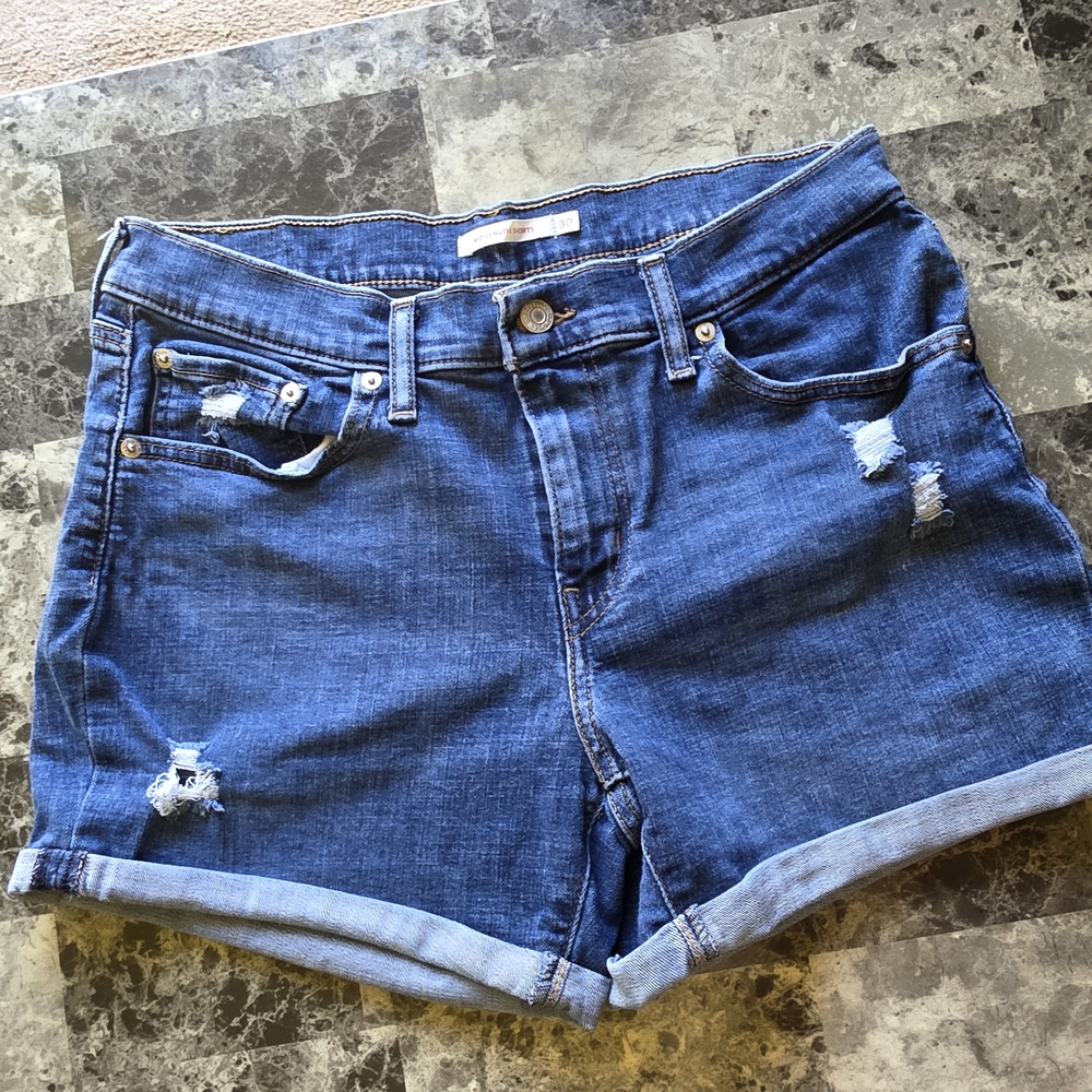 Levi's Blue Distressed Jean Shorts with Rolled Cuffs